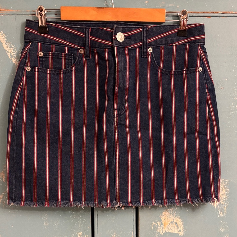 American Eagle Red & White Striped Denim Mini Skirt